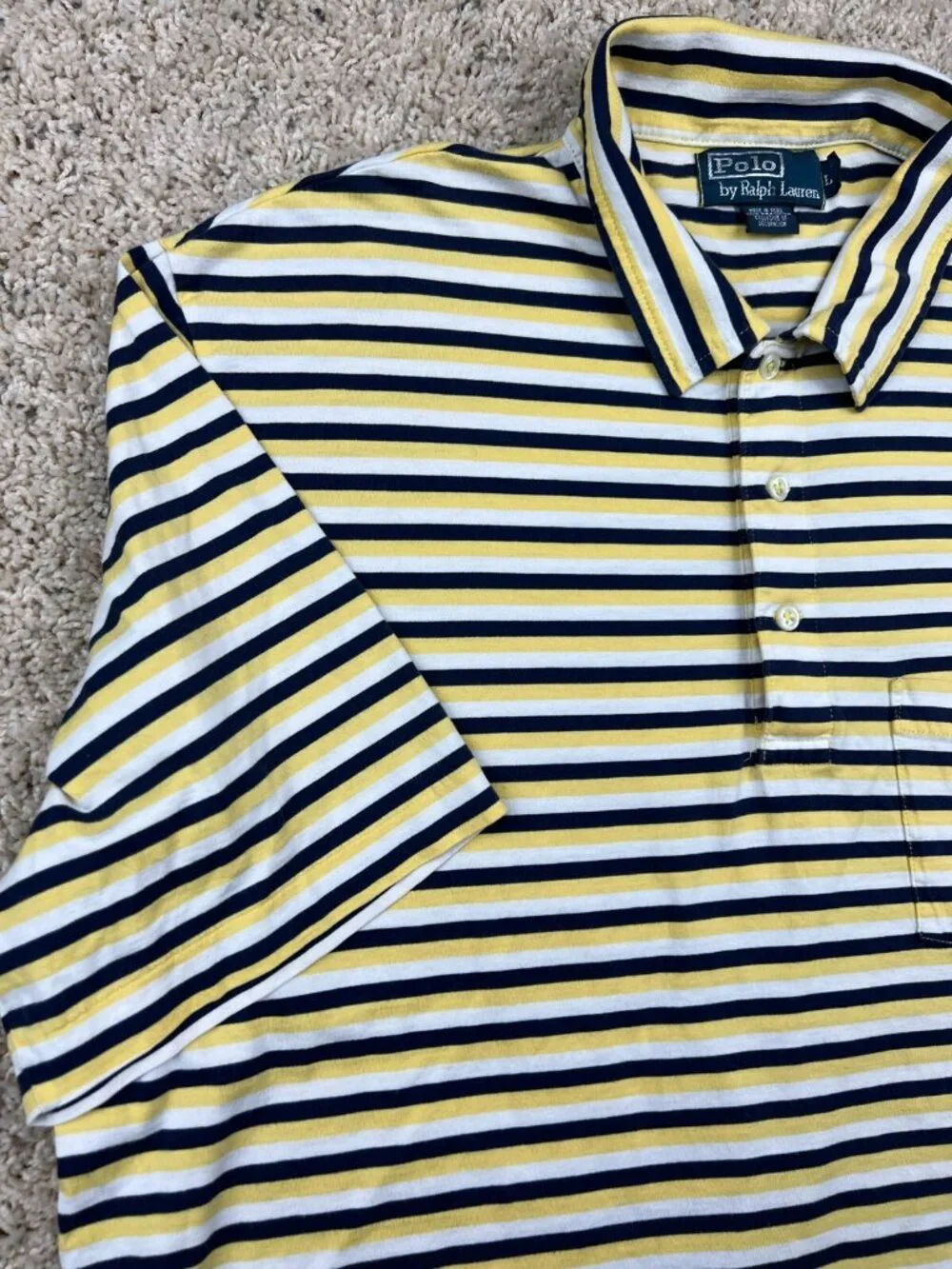 Polo Ralph Lauren Polo Shirt Large Yellow White Navy Blue Striped Yellow Pony